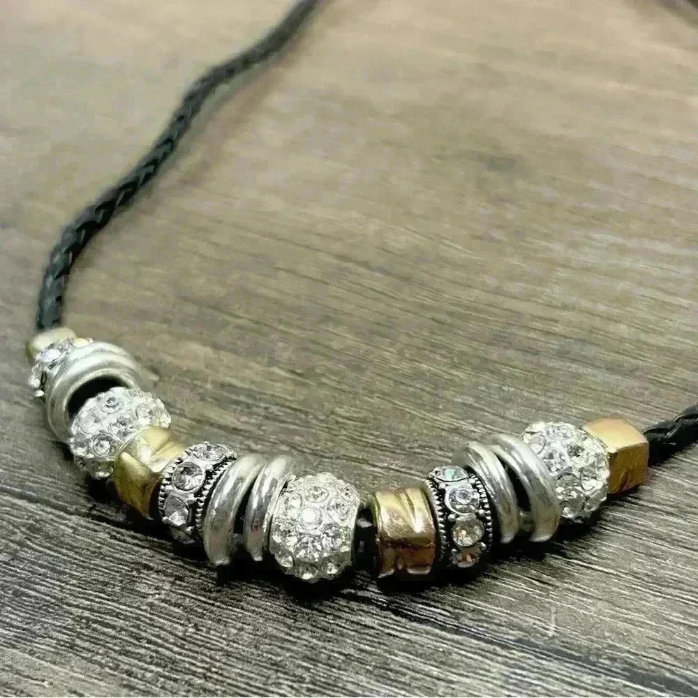 Braided Black Leather Silver and Gold Tone Rhinestone Charm Beads Necklace - Picture 3 of 3